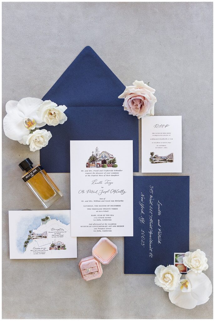 personalized wedding invitation flat lay