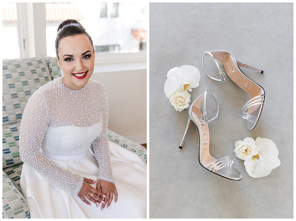 bride with pearled wedding dress and silver gucci stiletto heals