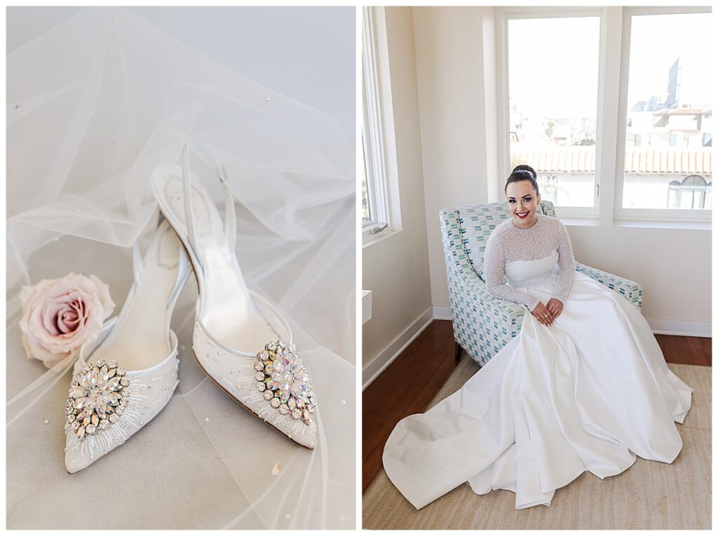 bride sitting in chair and white wedding shoes with jewels