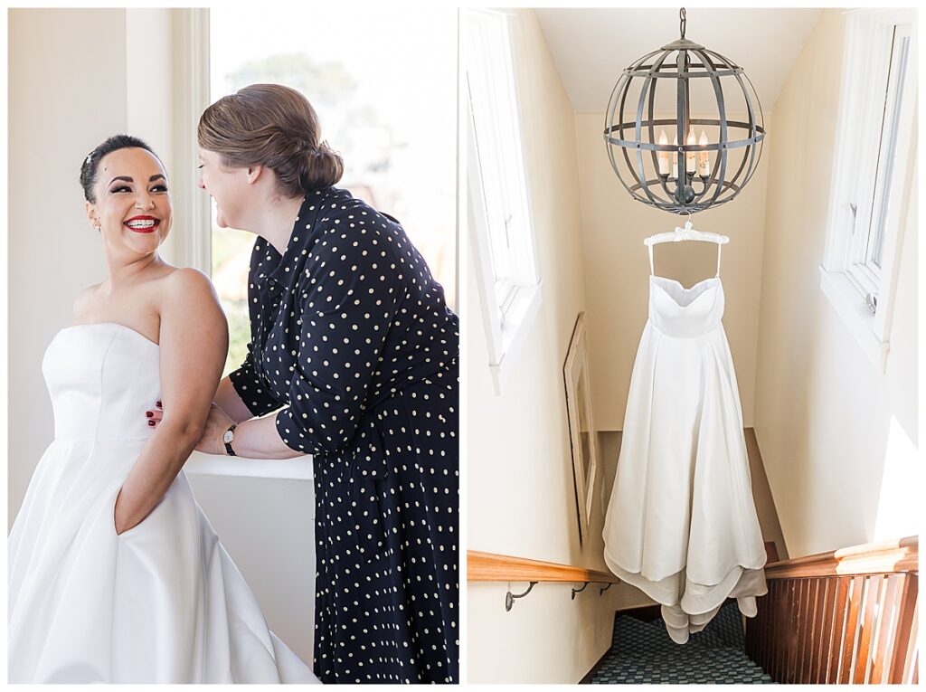 hanging wedding dress and the maid-of-honor zipping bride into dress