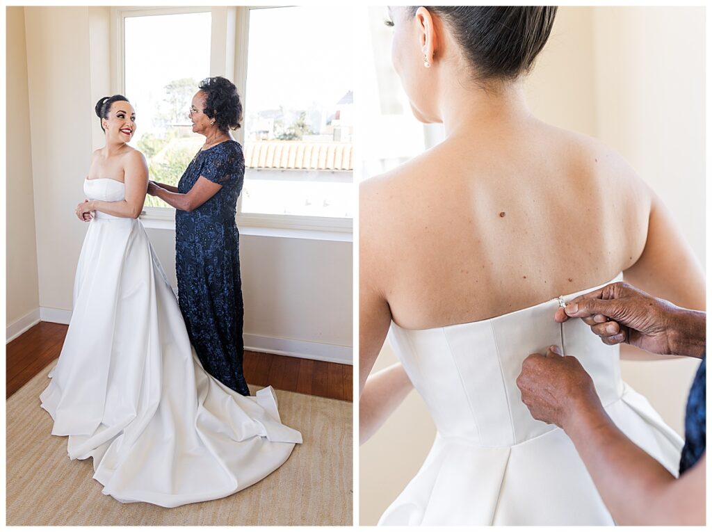 mother-of-the-bride zipping bride into dress