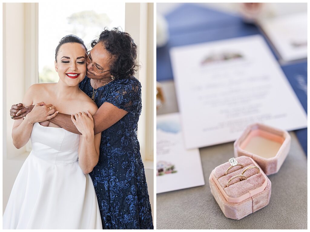 mother-of-the-bride hugging bride and rings in a pink ring box