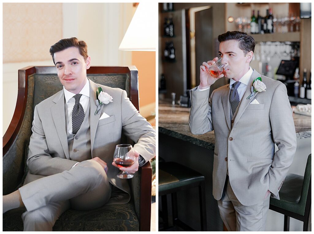 groom at the bar and sitting in chaire