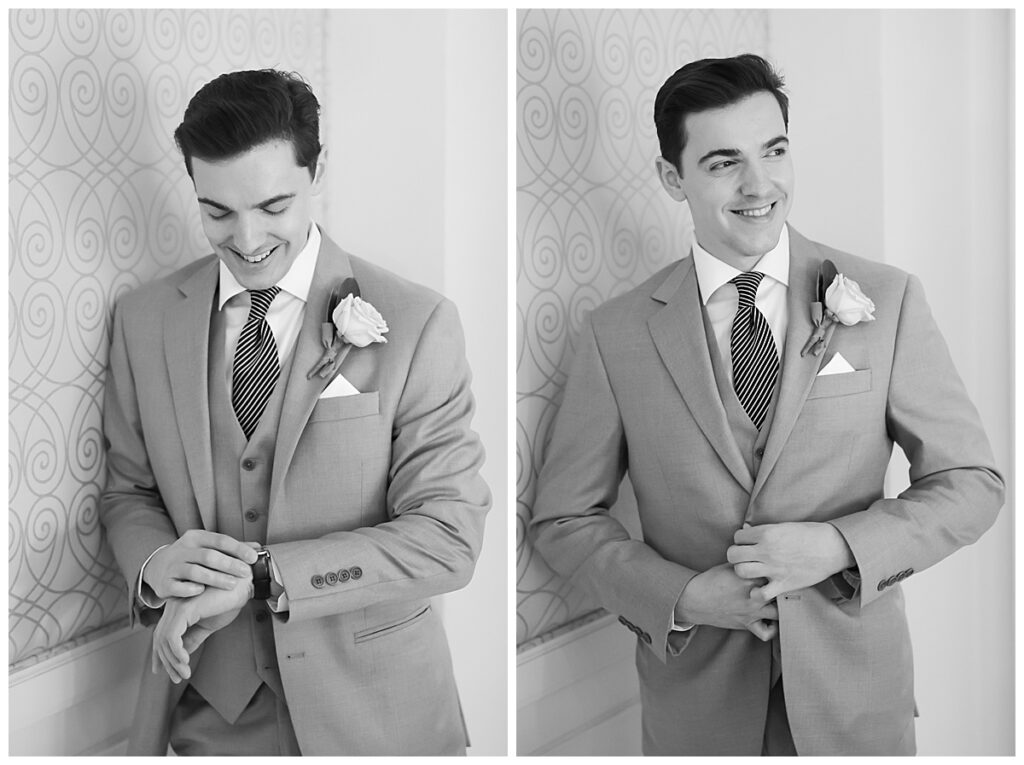 groom adjusting watch and buttoning jacket