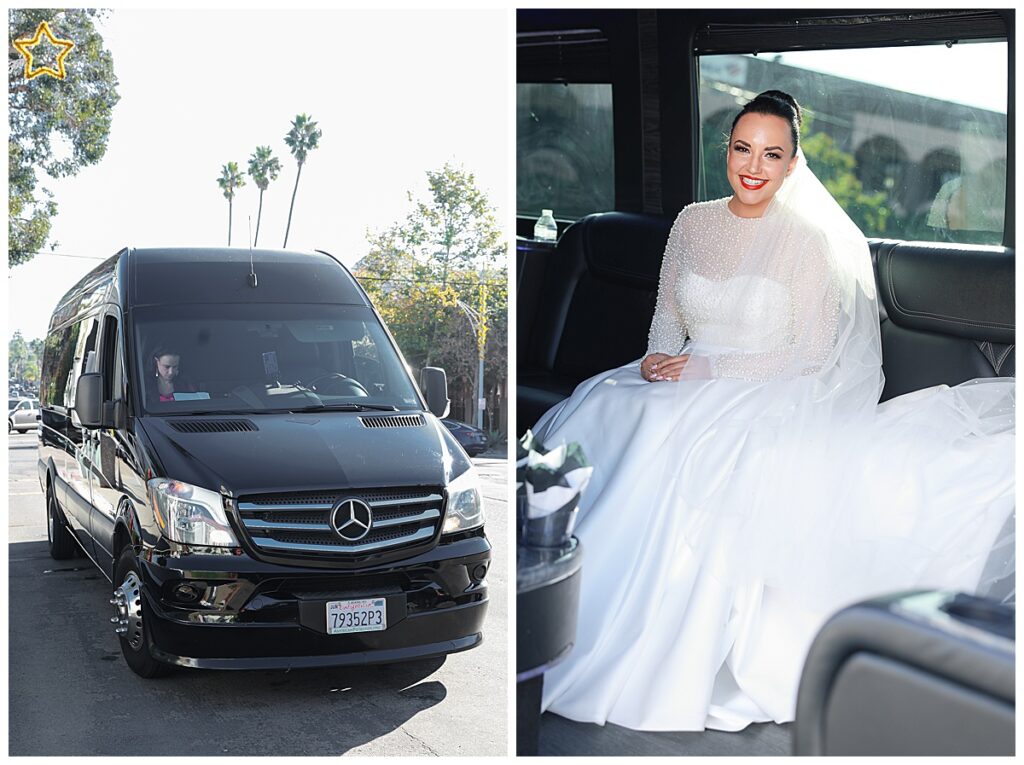 bride arriving at wedding in a Mercedes van