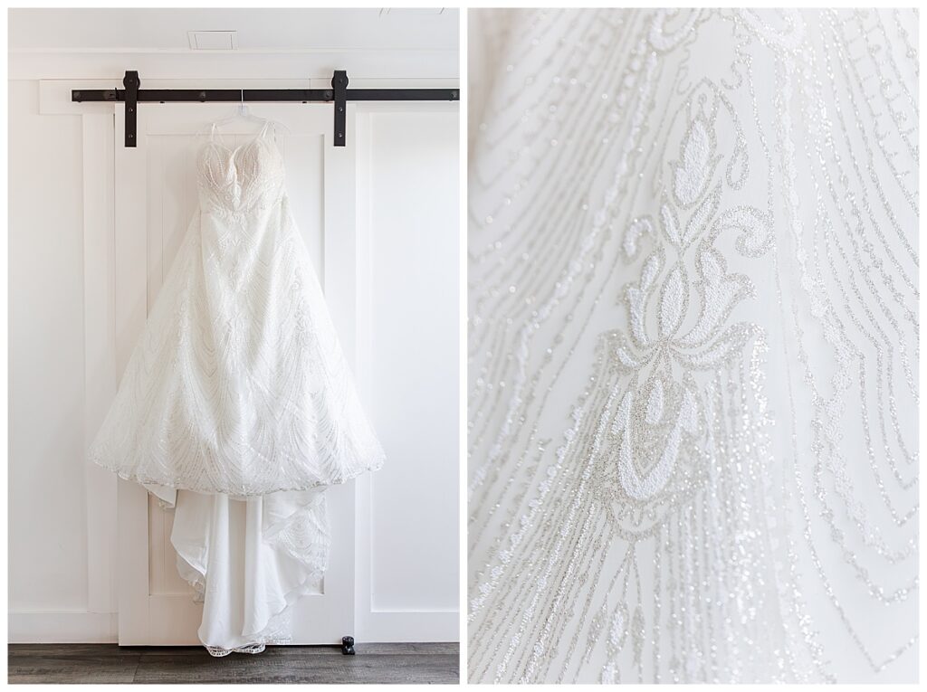 Shimmery bridal gown hanging in bridal suite