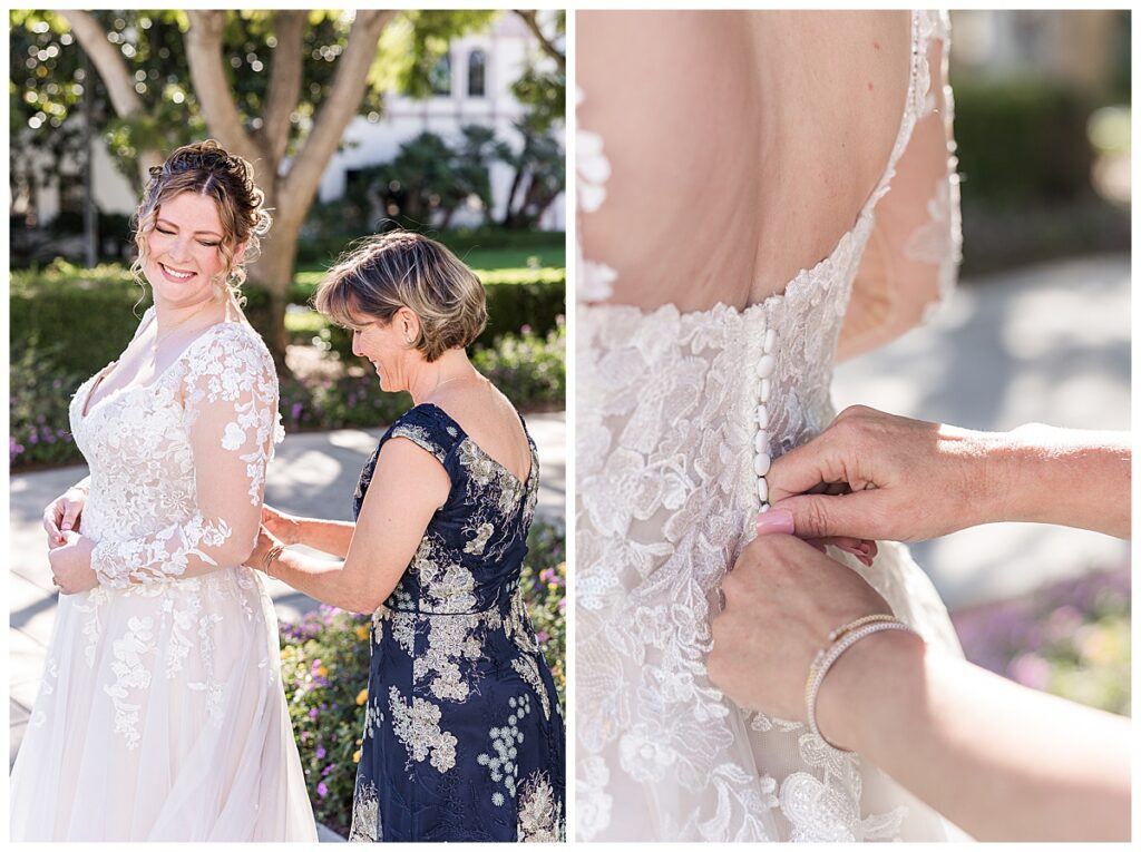 Mother buttoning up daughter in wedding dress