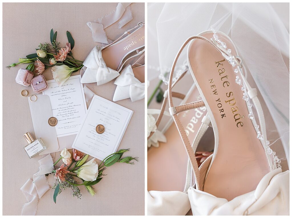 Wedding invitation flatlay and bridal shoes