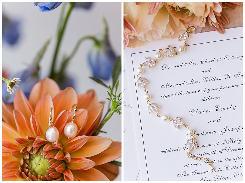 Bridal earrings and bracelet on invitation