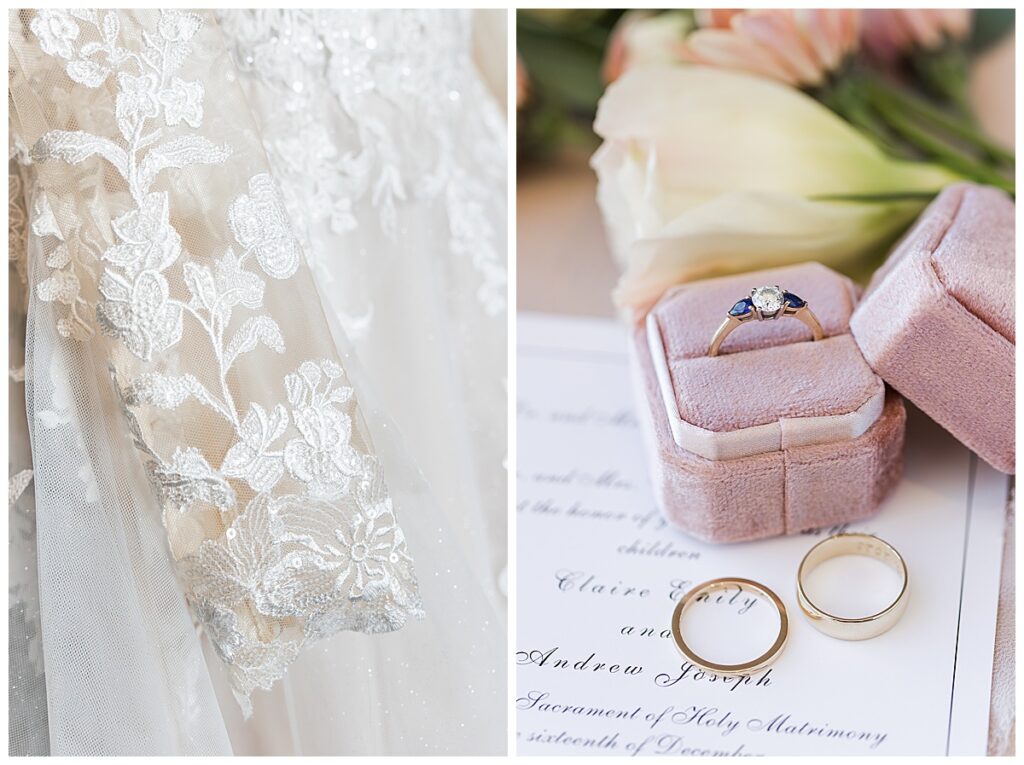 Bridal ring in ring box and dress lace