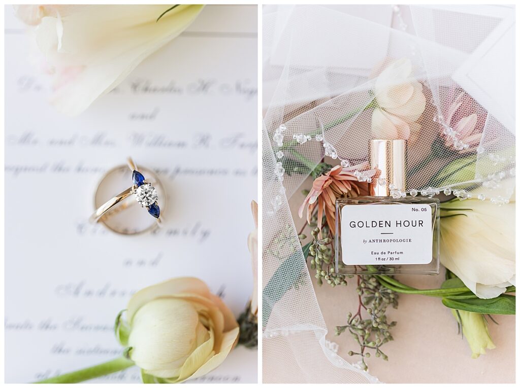wedding rings on invitation and perfume