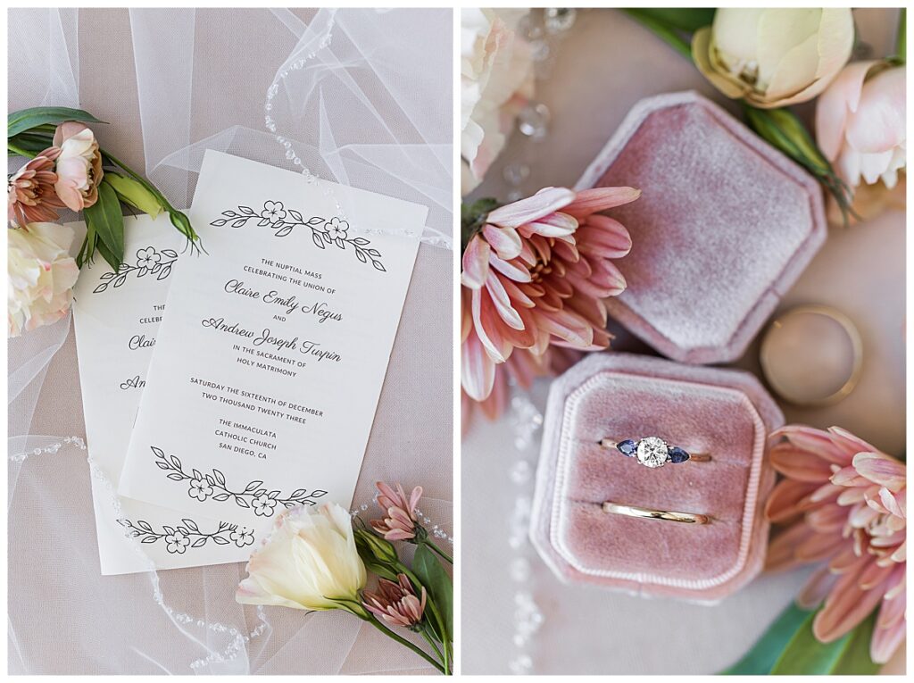 Wedding rings in ring box and wedding program with flowers