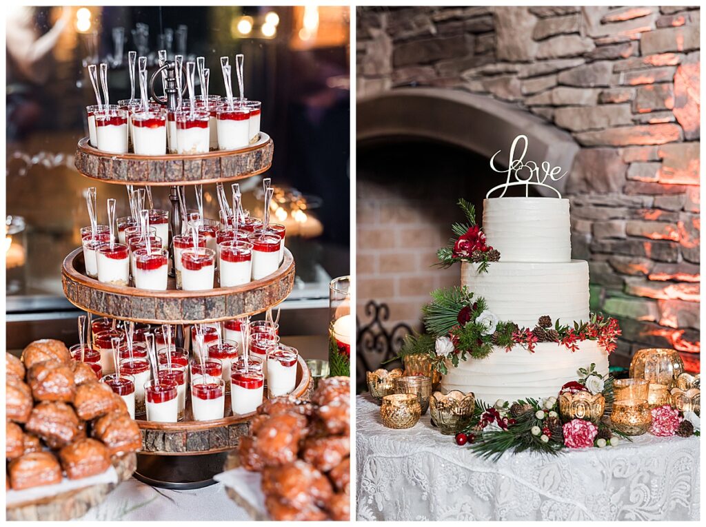 Christmas wedding cake and dessert table