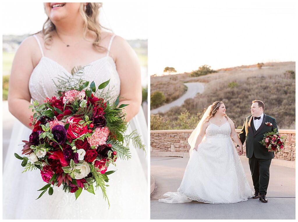 Christmas bridal bouquet and bride and groom on bridge at The Crossings at Carlsbad San Diego