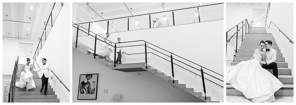 Bride and Groom on the stairs in the San Diego Venue the Museum of Contemporary Art San Diego