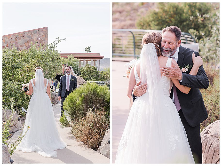 father seeing daughter before wedding at Mission trails wedding