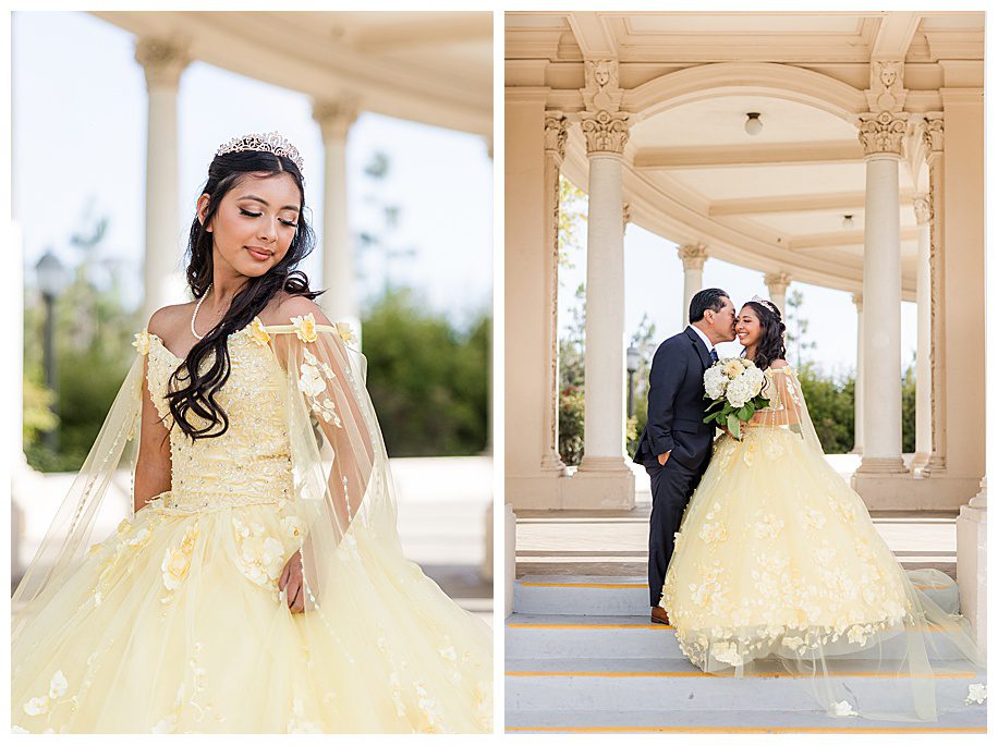 Teen girl in her yellow quinceanera dress with her father at the Organ Pavilion, San Diego
