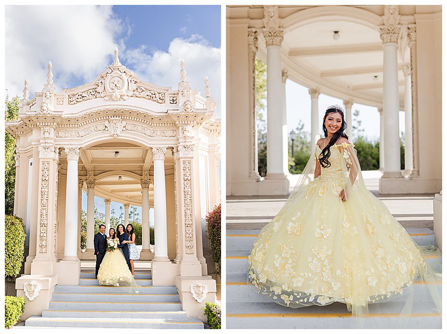 Family portraits with teen in yellow dress at Organ Pavilion in San Diego