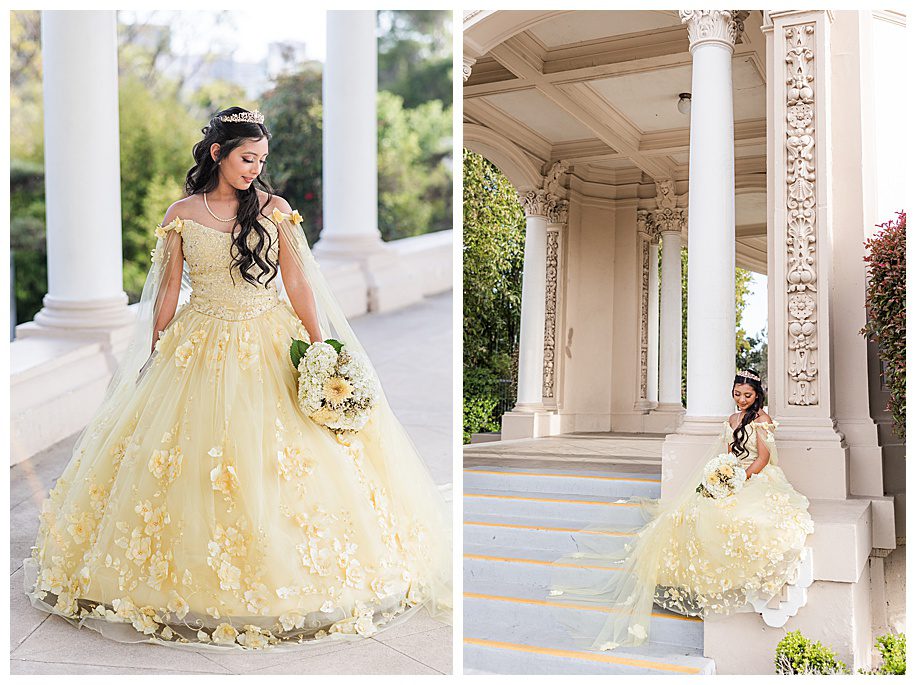 Quinceanera girl in yellow dress at the Organ Pavilion in Balboa Park, San Diego