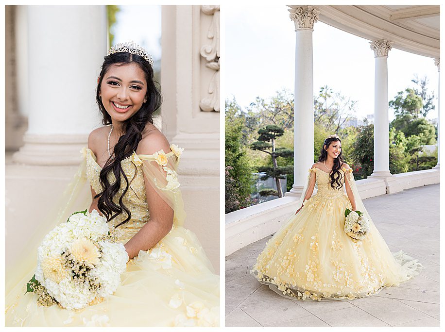 Quinceanera portraits of girl in yellow dress at the Organ Pavilion in Balboa Park, San Diego