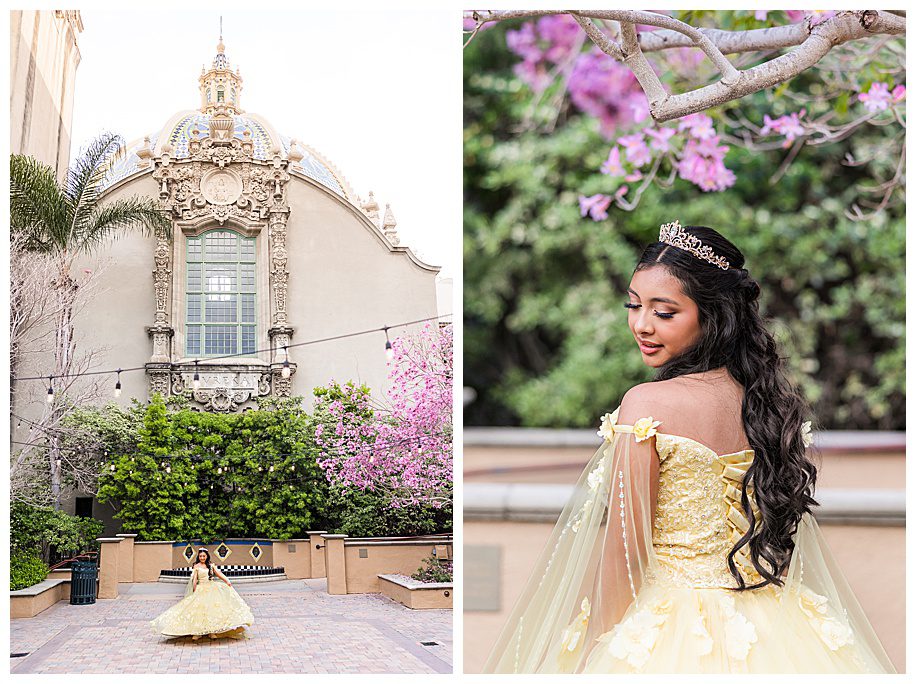 Teen girl in yellow ballgown celebrating her quinceanera in front of the Museum of Us, Balboa Park
