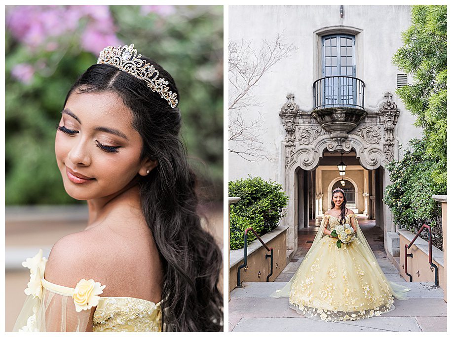 Quinceanera girl in yellow dress and tiara in front of the Museum of Us, San Diego Balboa Park