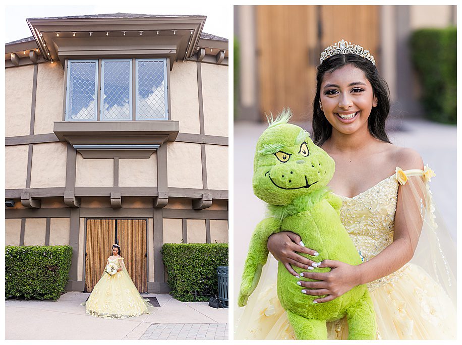 Teen girl holding a Grinch stuffed animal by the Old Globe Theater in Balboa Park