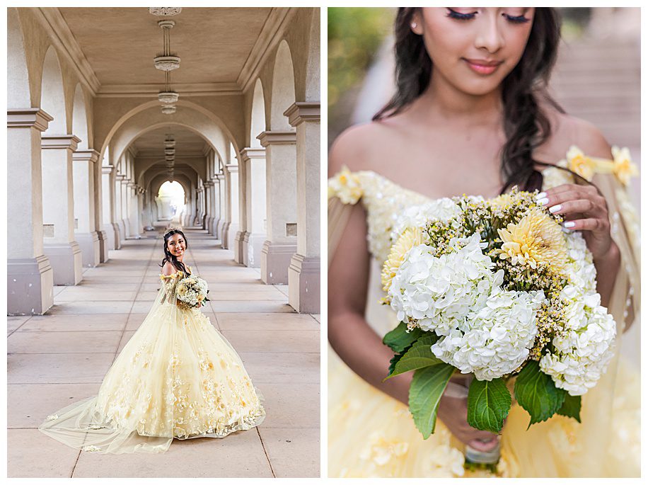 Balboa Park Quinceanera portraits of girl in yellow dress and tiara