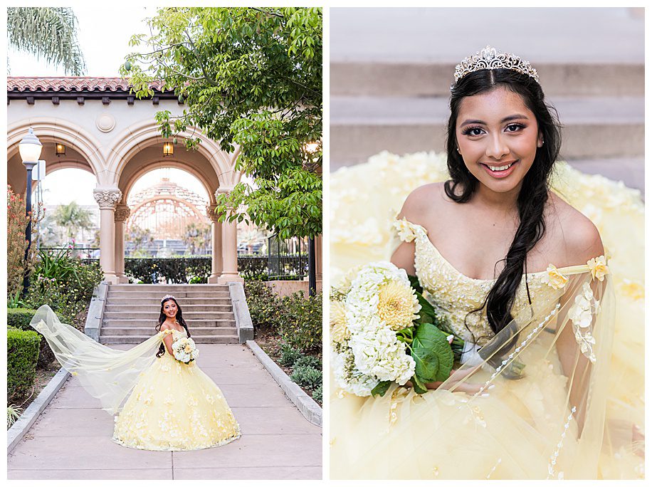 Girl sitting on steps and standing by the Prado in Balboa Park, San Diego for her quinceanera portraits