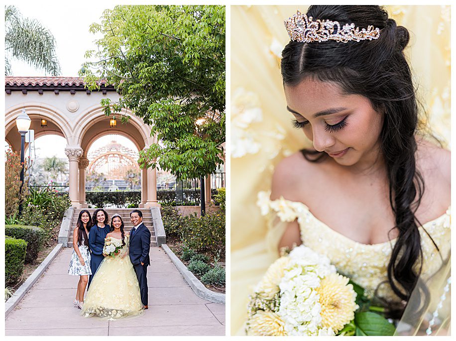 Family portraits celebrating a quinceanera for girl in yellow dress