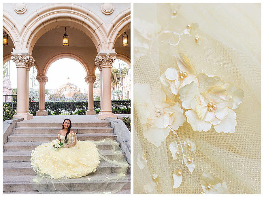Quinceanera girl in yellow dress sitting on steps in. Balboa Park, San Diego