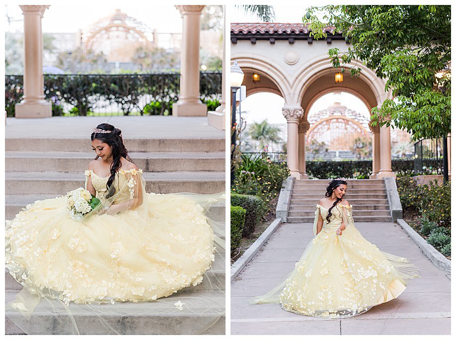 Girl walking and sitting on steps for quinceanera portraits in Balboa Park, San Diego