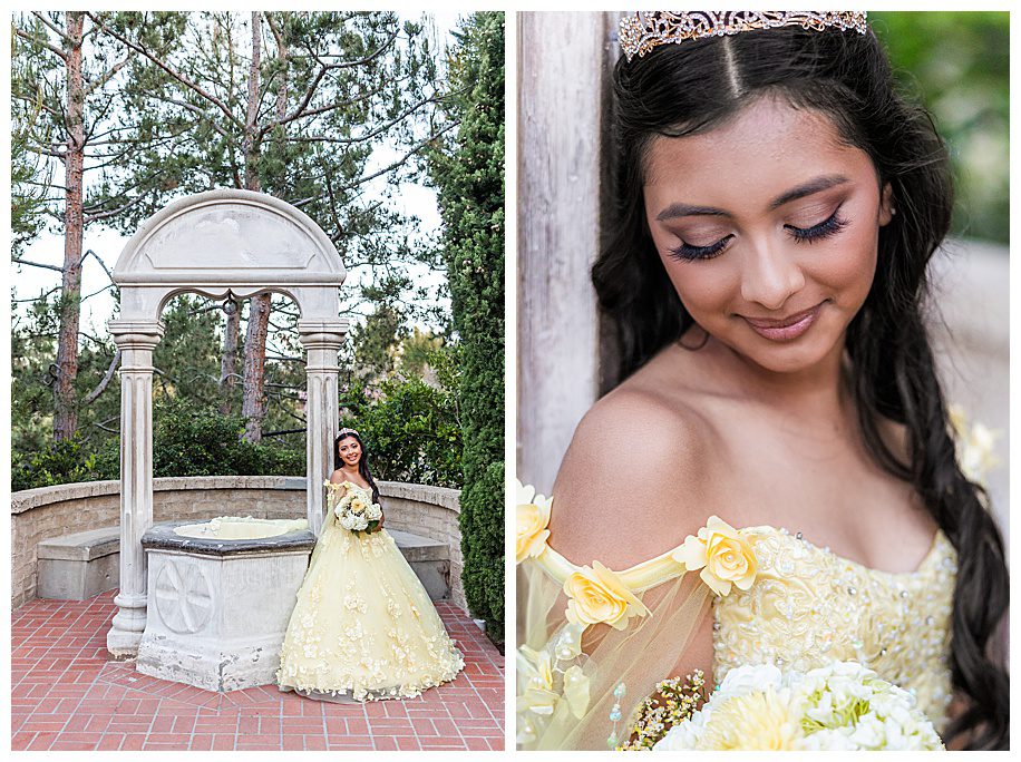 Balboa Park Quinceanera portraits by wishing well at the Prado in Balboa Park, San Diego