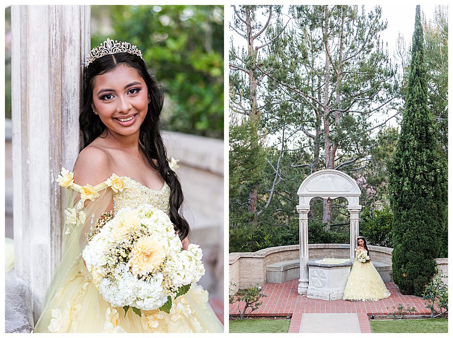 Balboa Park Quinceanera portraits of teen in yellow dress and tiara leaning agains the wishing well at Balboa Park, San Diego