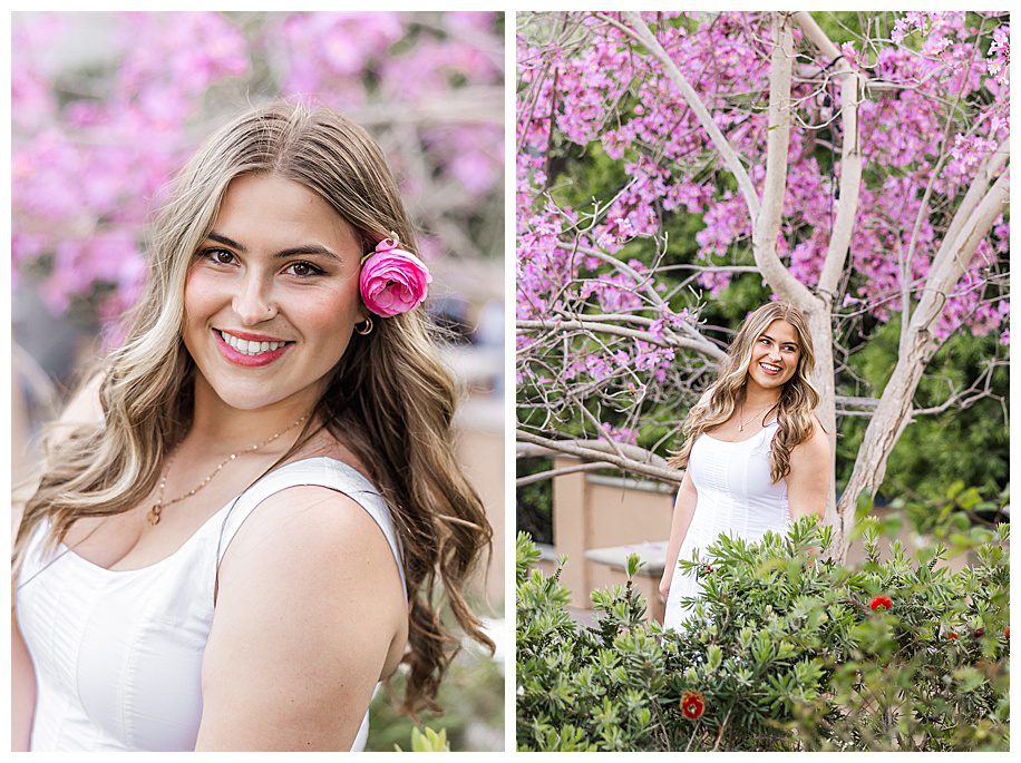 Teen portrait session in Balboa Park San Diego girl by pink tree