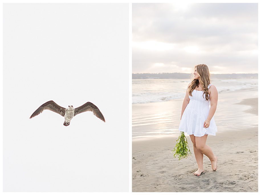 Senior girl walking on coronado beach with seagull