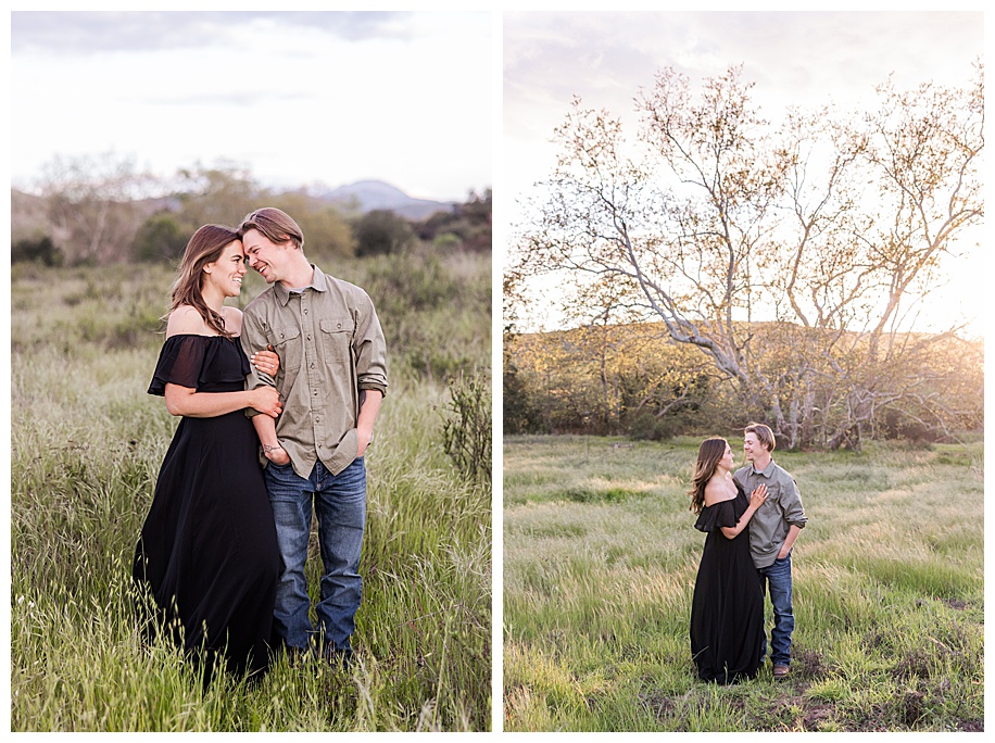 couple in a grassy field near the Sweetwater River Bridge in San Diego