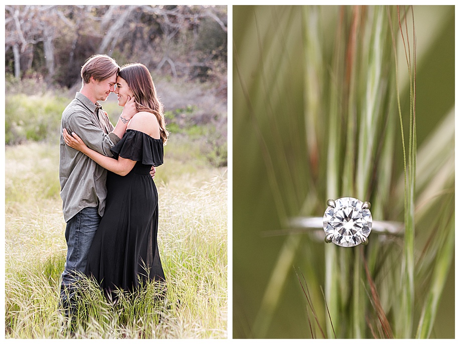 engagement ring on tall grass and couple hugging