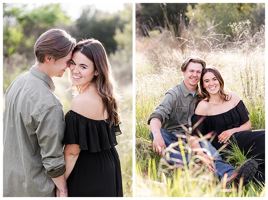 couple hugging and sitting in tall grass