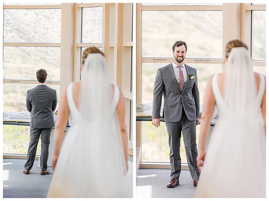 groom waiting for bride during their first look at Mission Trails