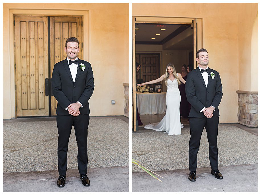 Bride coming through door behind groom during first look at Maderas Golf Course San Diego