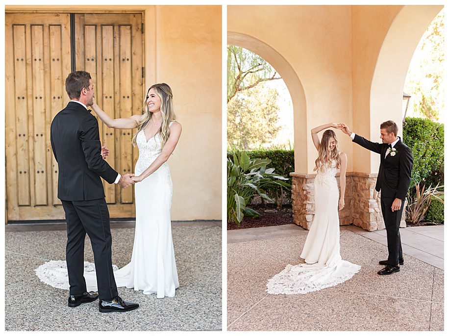 Groom twirling bride during their first look at Maderas Golf Course wedding