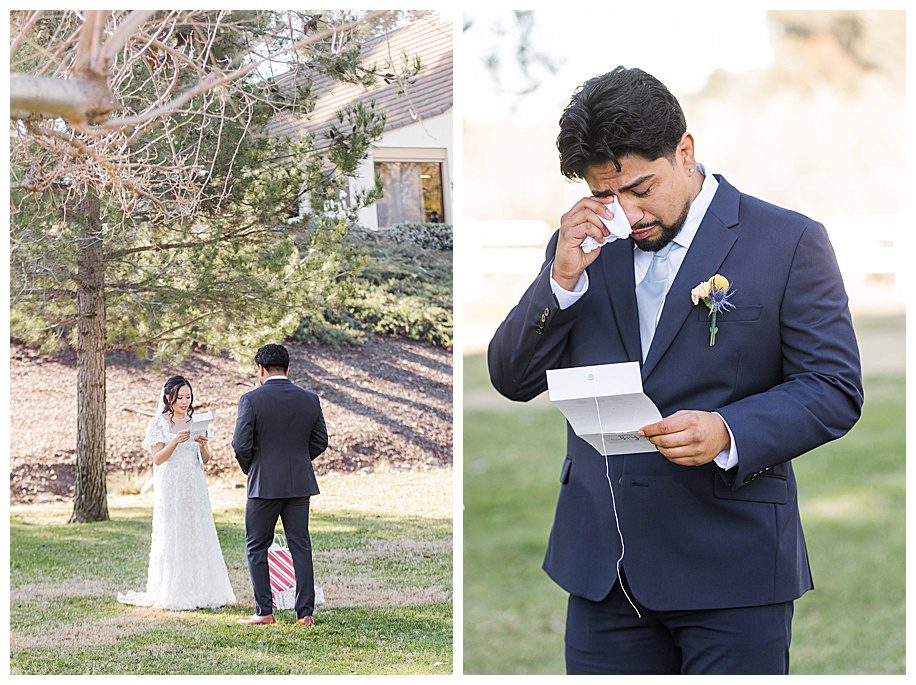 Groom crying while reading letter during first look
