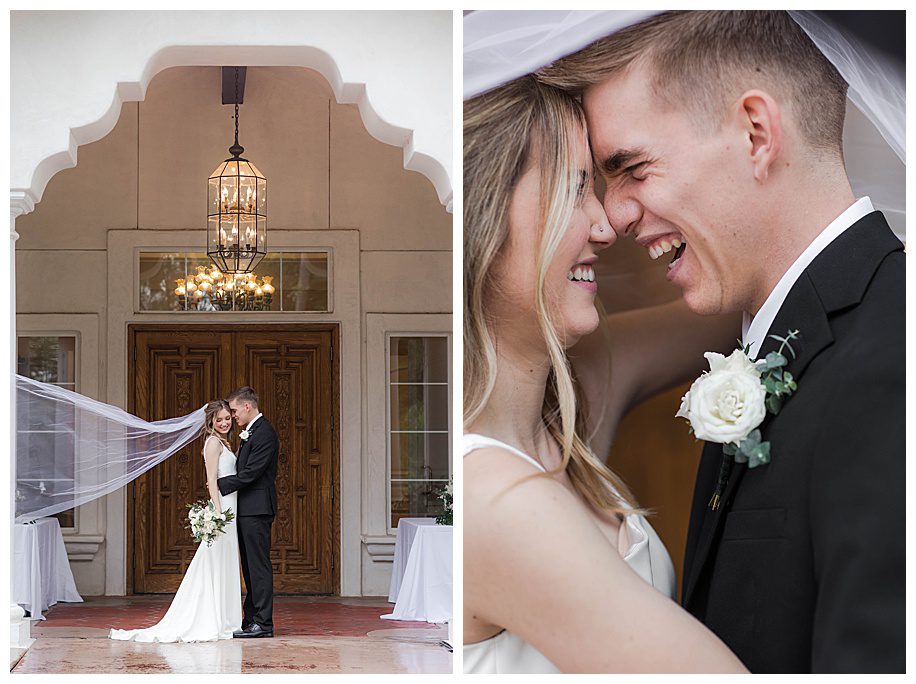 Bride and groom portraits in front of main doors at their Vista Optimist Club wedding