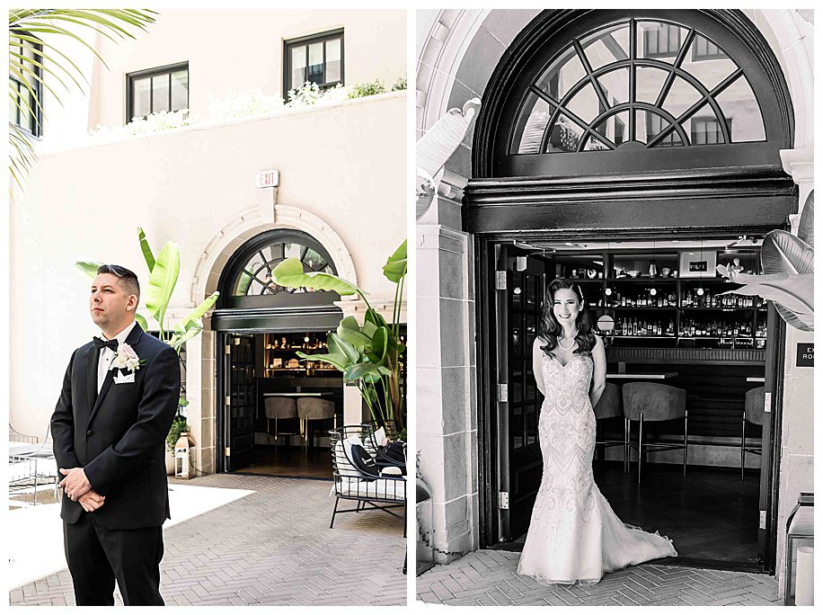 Bride and Groom during their first look at The Guild Hotel in San Diego
