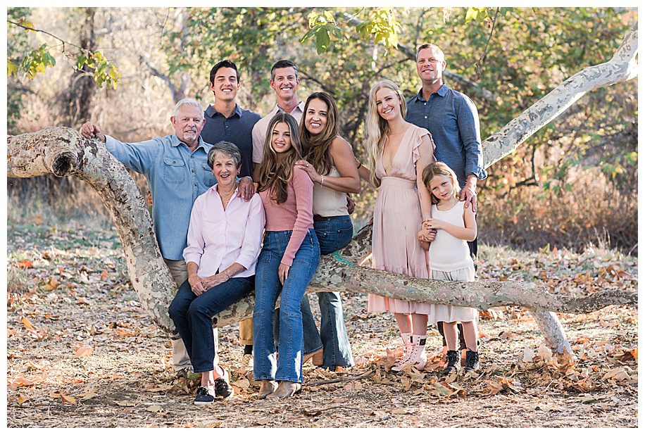 Large family photo wearing pinks and blues