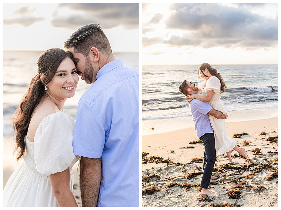 Sunset La Jolla Cliffs Engagment Session with man lifting woman on beach