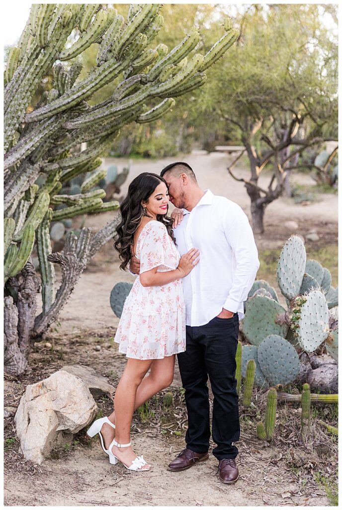 engaged couple hugging in Desert Garden Balboa Park
