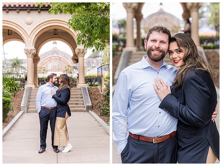 couple standing by the Prado at their Engagement Session at Balboa Park 