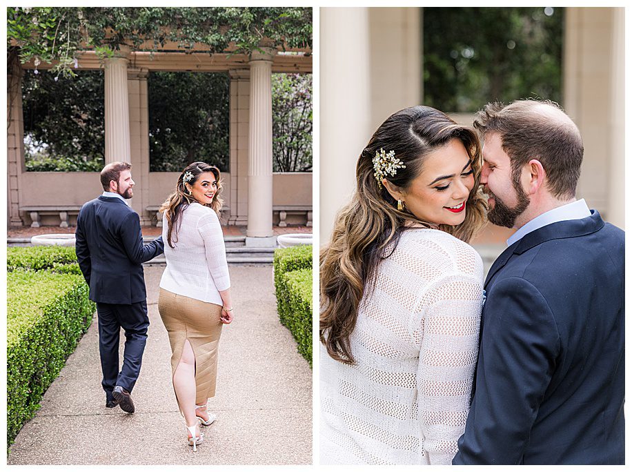 couple walking and hugging in the Alcazar Garden during their Engagement Session at Balboa Park 